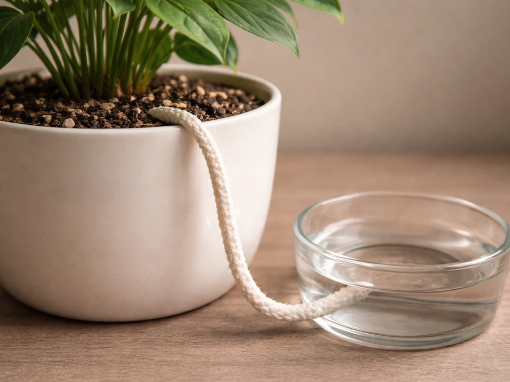Close-up of a plant wick bridging a water reservoir to potting mix, showing passive upward watering.