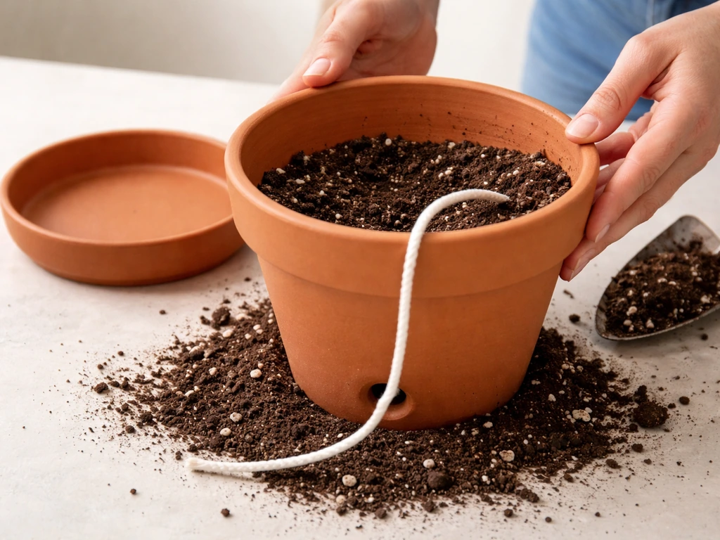 Close-up of a wick threaded through a plant pot’s drainage area, pulled to the right mid-pot level