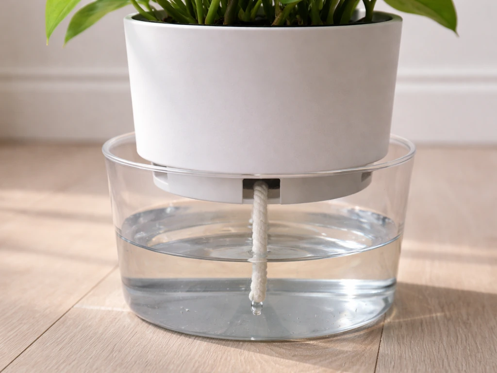 Close-up of an inner self-watering pot lifted to show the wick tip and reservoir water line.