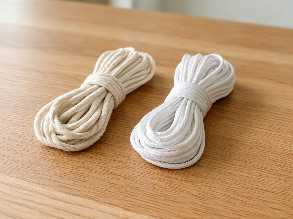 Two close-up plant-watering wicks—cotton twine and nylon/polyester cord—laid side by side for comparison.