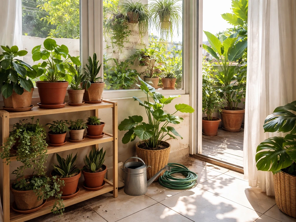 Sunlit Tamil home plant corner with healthy seedlings, potted plants, and watering can by the window.