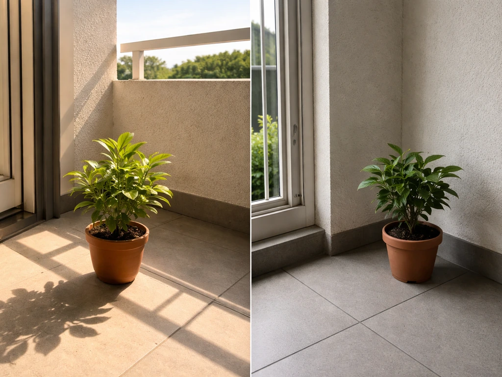 Two potted plants on a home balcony: one in bright sun, one in dim shade near a wall.