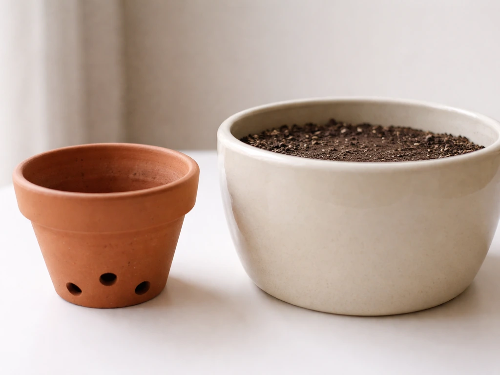 Close-up of two plant pots: one with bottom drainage holes and one oversized/no-drainage pot.