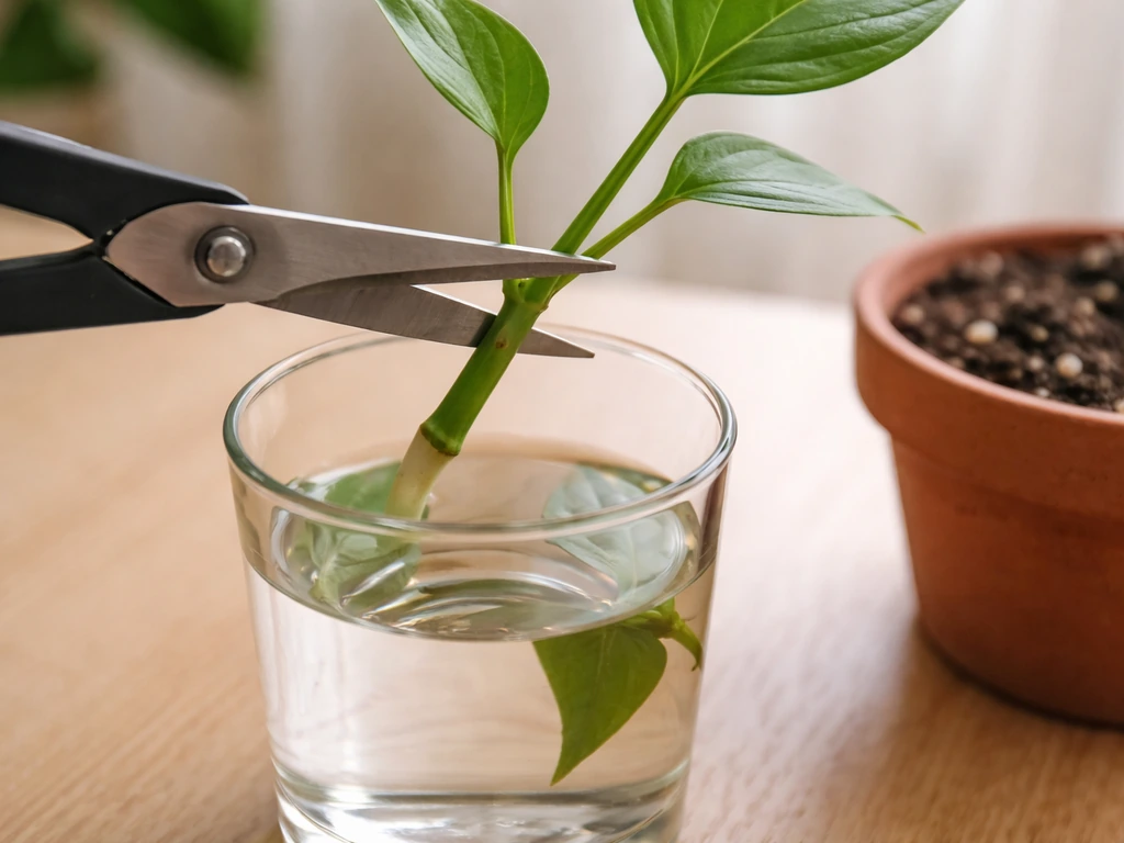 Close-up of scissors trimming a plant stem below a node, with the cutting in water beside moist potting mix