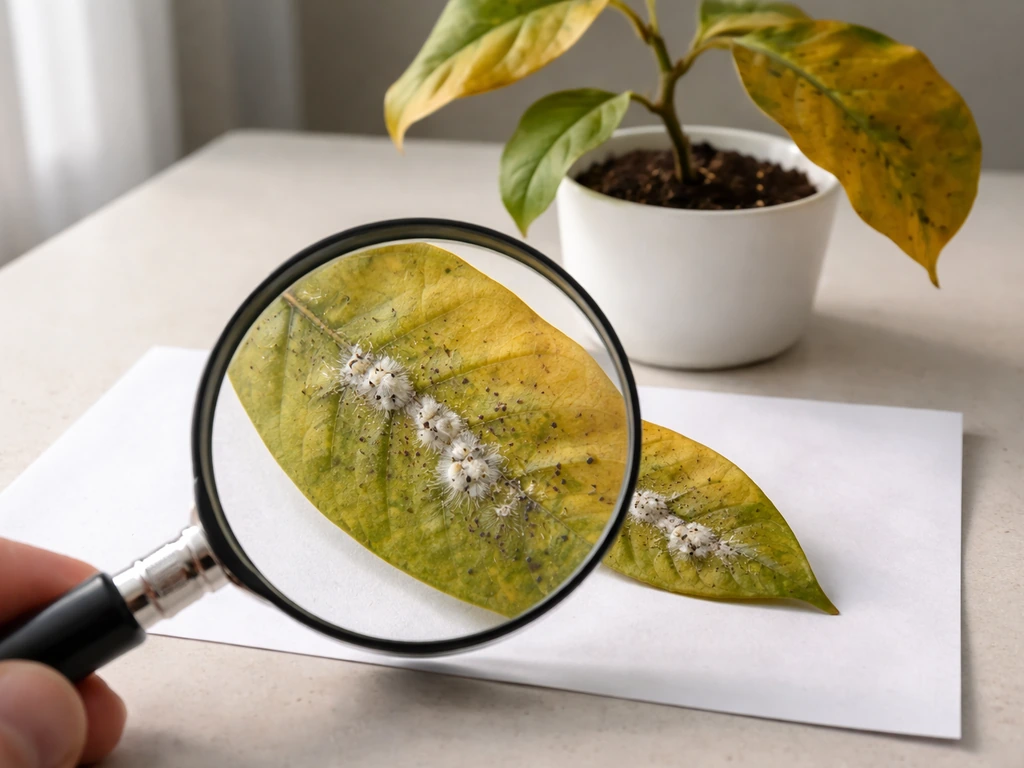 Yellow houseplant leaves with a close-up magnifier showing cottony mealybug clusters and faint mite speckling