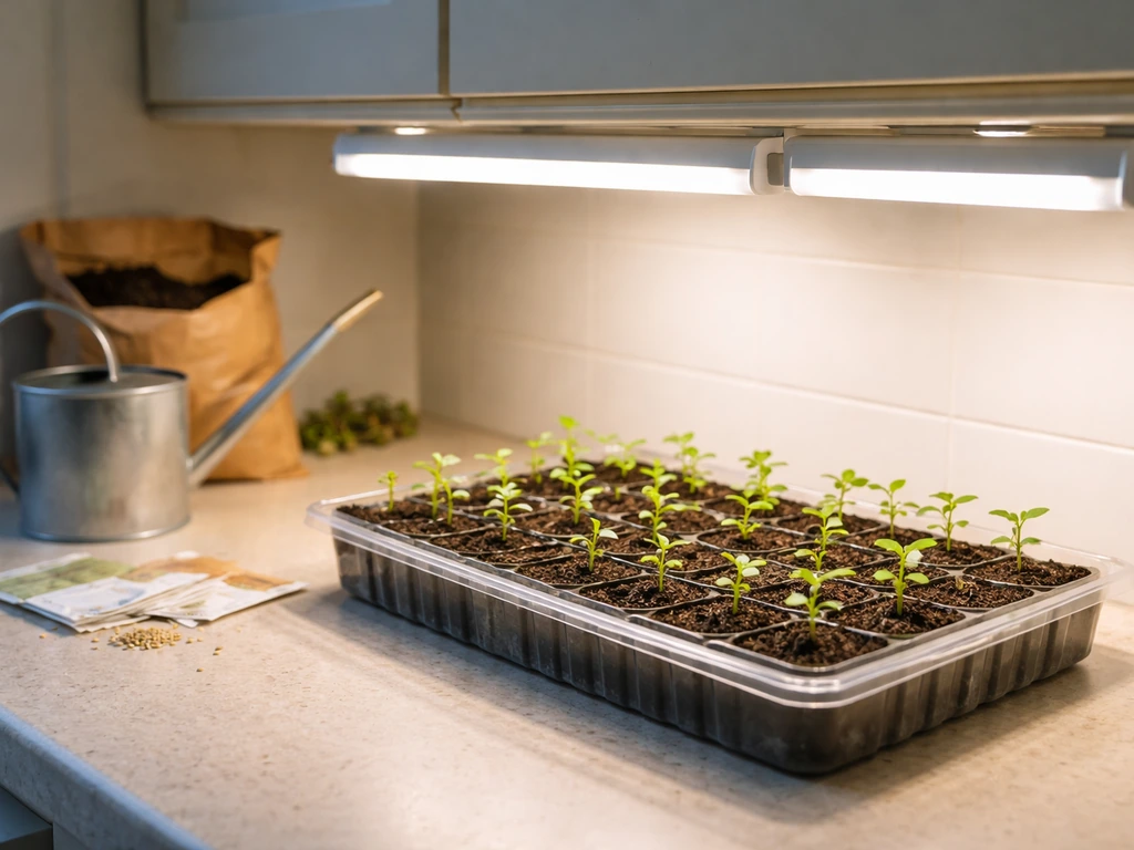 Young seedlings in a seed-starting tray under bright grow lights with soil and watering supplies nearby.