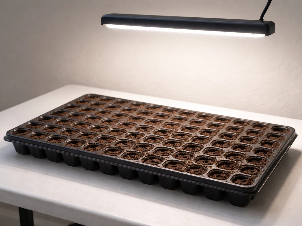 Seed-starting cell tray filled with dark mix under a simple grow-light setup.
