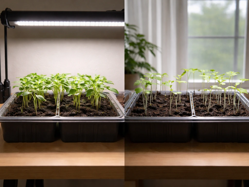 Healthy seedlings under LED grow light beside weak, leggy seedlings near a dim window.