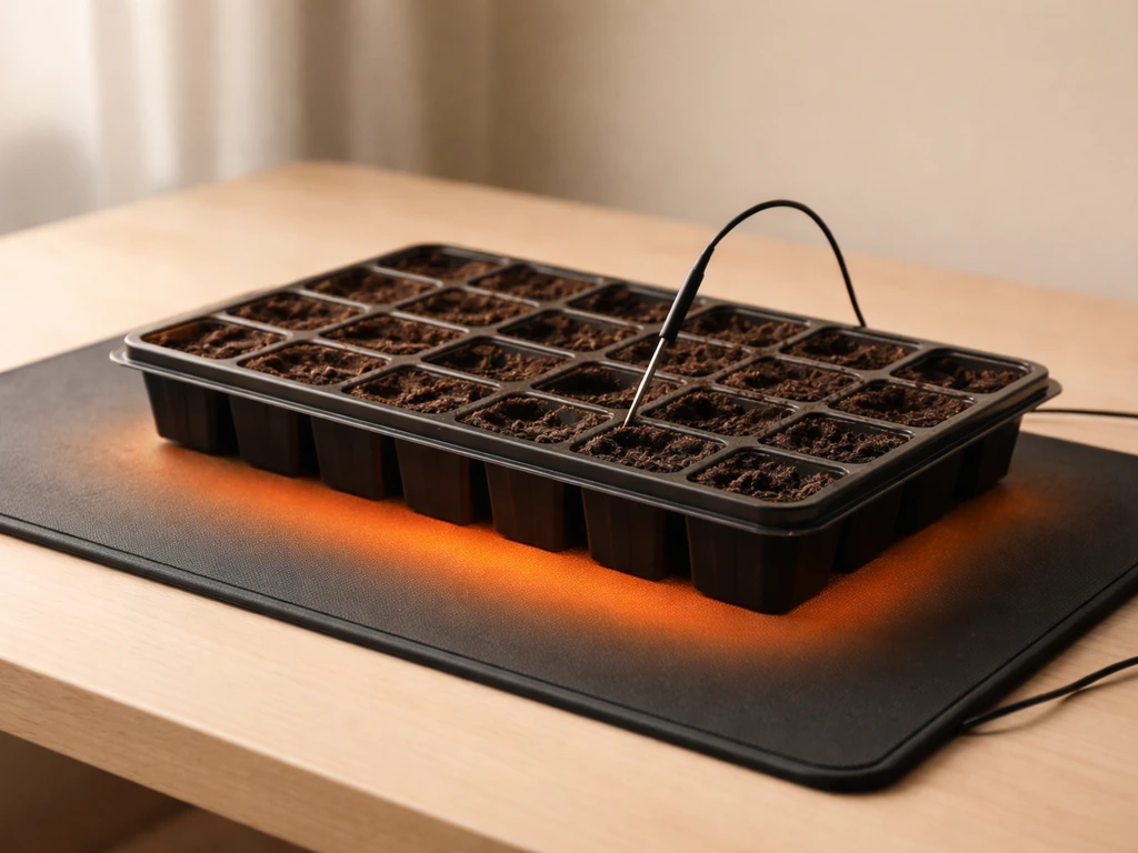 Seed tray on a seedling heat mat with a thermometer probe showing warm germination conditions