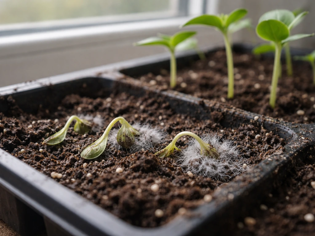 Close-up of seedlings: some collapsed at the soil line with faint mold, next to a few healthy upright seedlings.