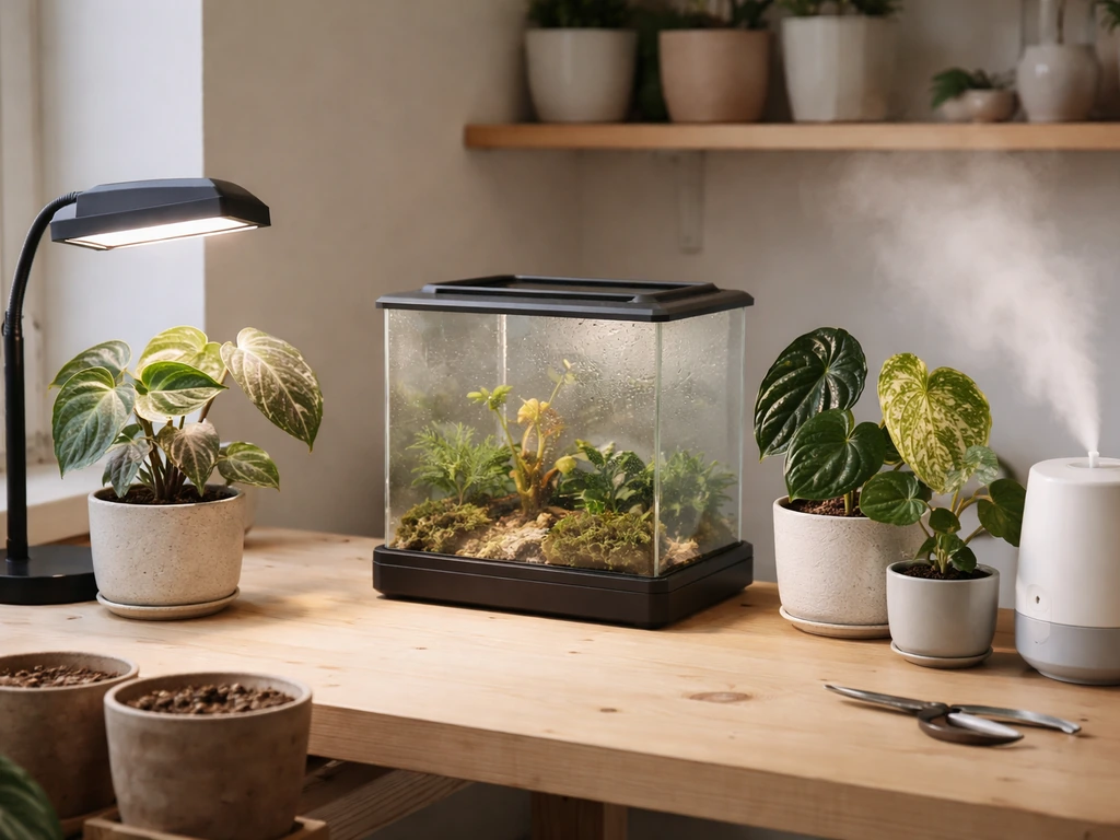 Indoor bench with rare houseplants in different microclimates under a grow light, terrarium, and misty humidifier.