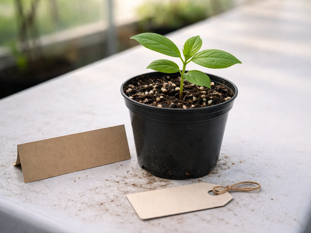 Close-up of a potted plant cutting on a bench with a small ethical sourcing tag beside it.