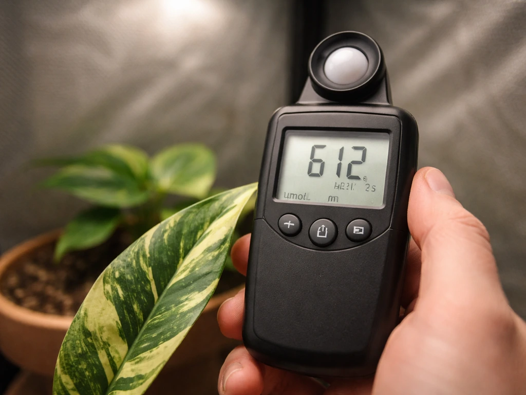 Handheld PAR meter measuring light over a single potted plant under grow lights