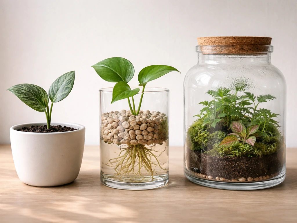 Three rare plants in separate containers: soil pot, water culture setup, and closed terrarium.
