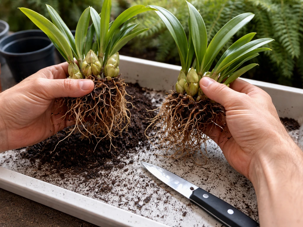 Hands split a clumping orchid pseudobulb mass into two divisions ready for potting.