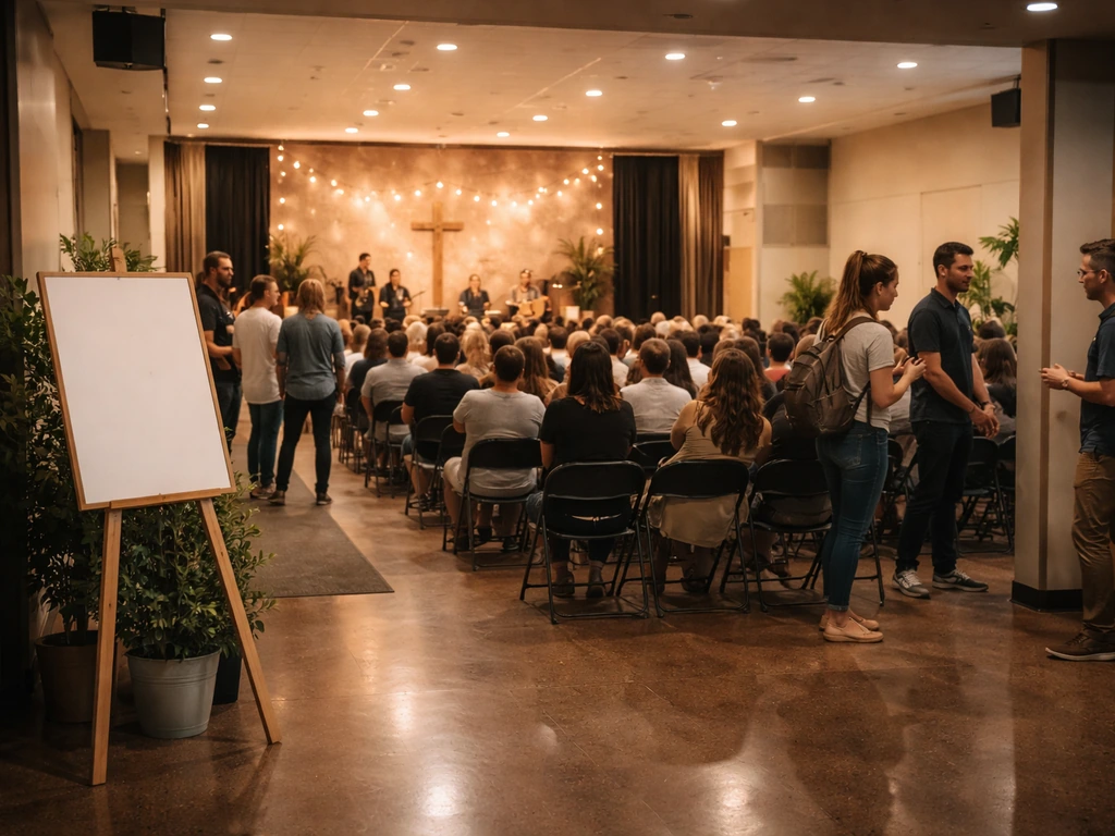 A new church congregation gathers in a rented community hall, warmly welcoming and organized for launch.