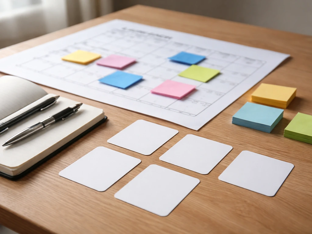 Close-up of a small planning table with printed launch calendar, sticky notes, and role cards for a church team