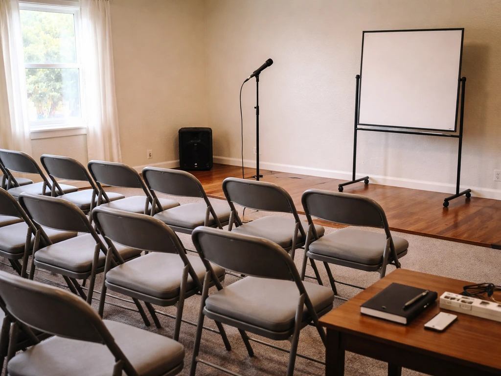 Minimal church living-room setup with chairs, microphone, speaker, and blank freestanding sign board