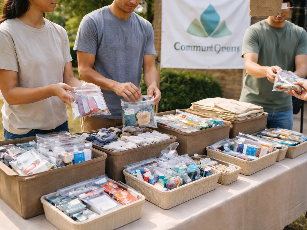 Volunteers at a community table distributing prepared care kits at an outreach event with partner signage.