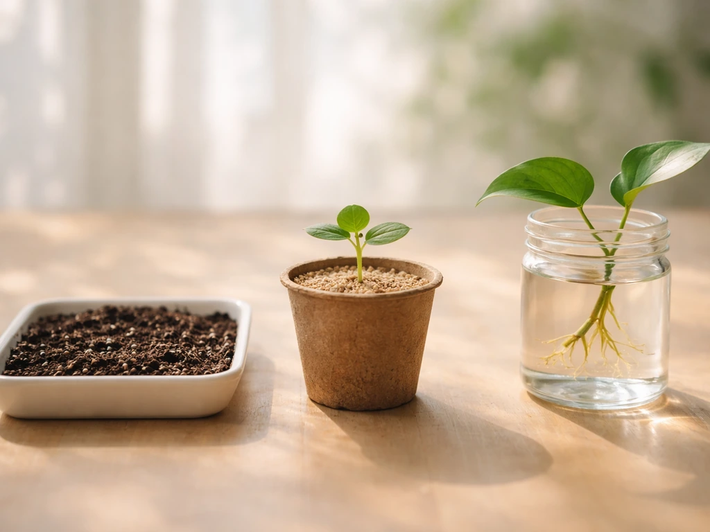 Three plant starters side by side: seeds in soil, a young seedling, and a cutting rooting in water.