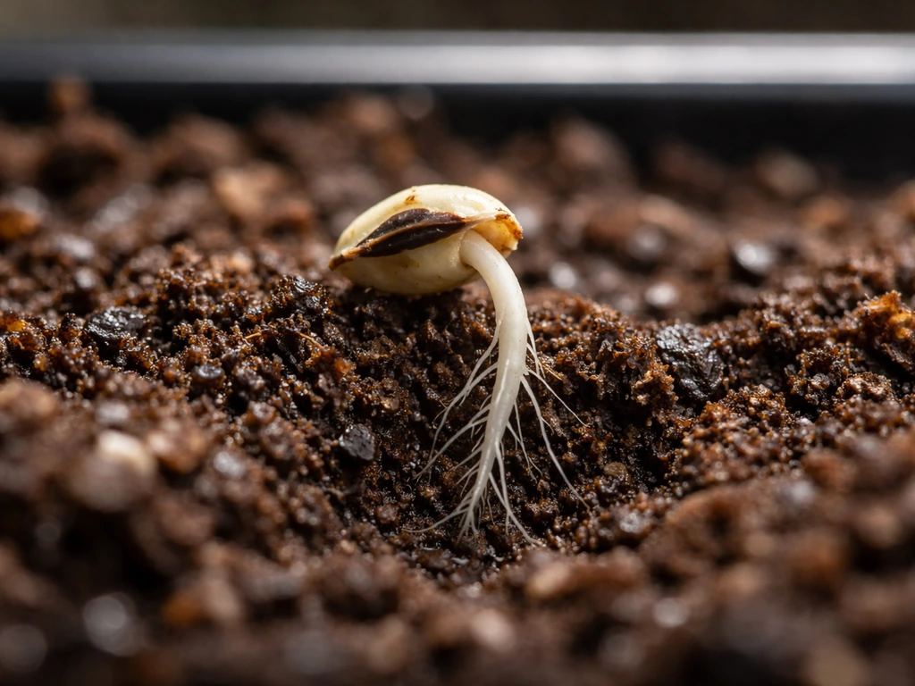Close-up of a young seedling radicle emerging in moist, well-aerated soil with tiny root hairs