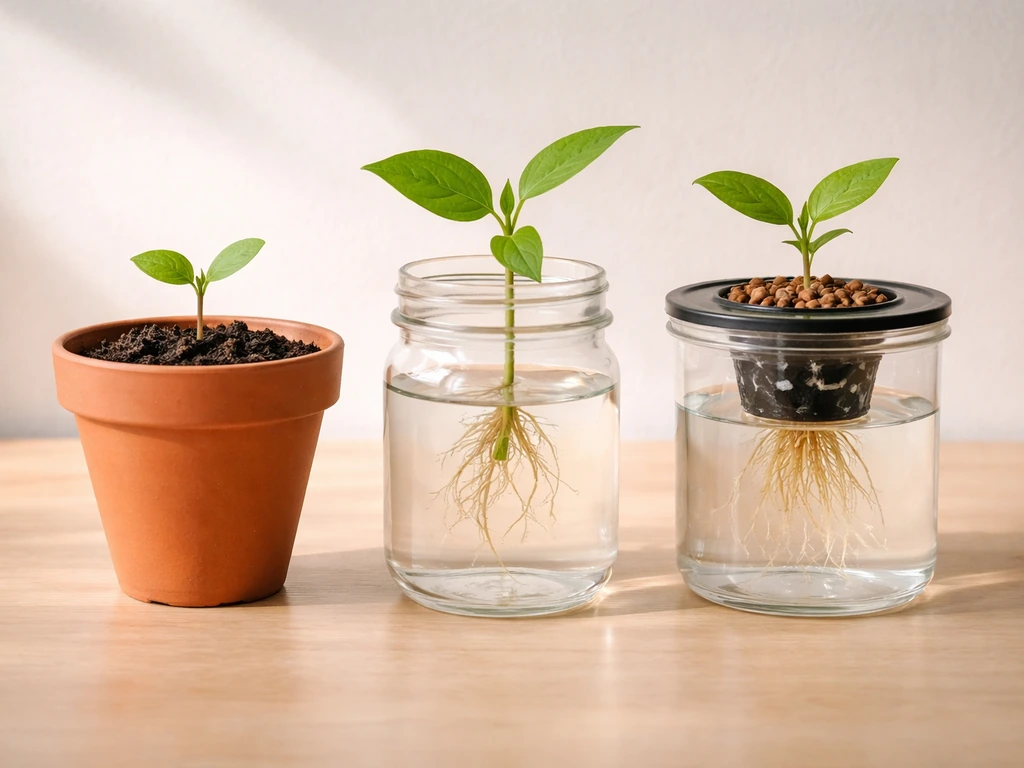 Three side-by-side containers: a soil pot seedling, a water propagation jar, and a simple hydroponic setup.