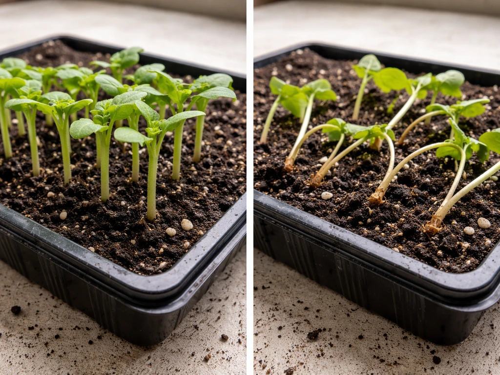 Split image showing healthy seedlings vs damping-off seedlings with stem base collapse in soil.