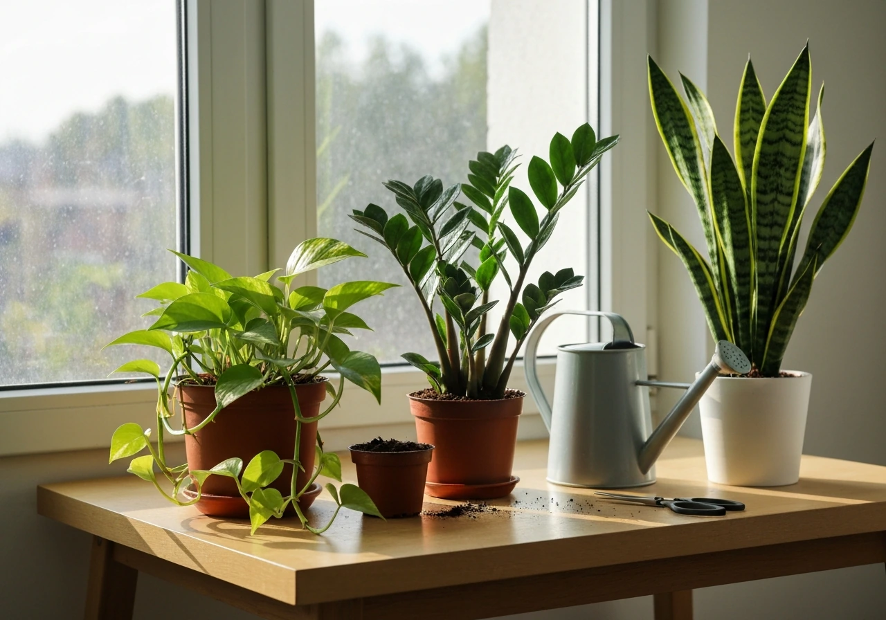 Decorative houseplants in pots by a sunny window with a watering can and pruning scissors on a small table.