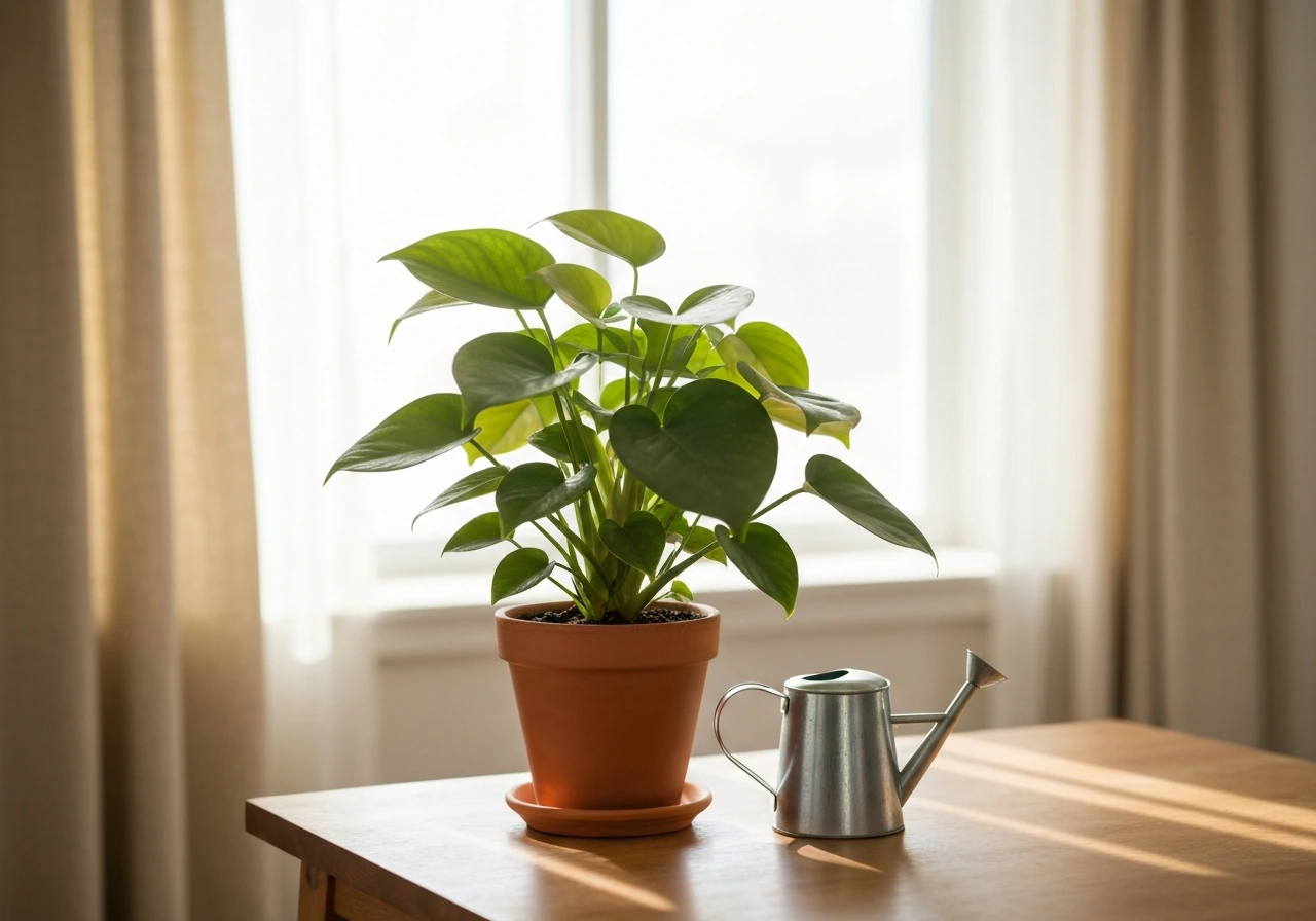 Houseplant by a bright window, with a simple watering can and a clean plant saucer-less setup.