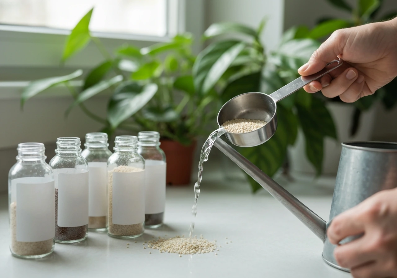 Close-up of fertilizer scoop pouring diluted mix into a watering can for indoor plants.