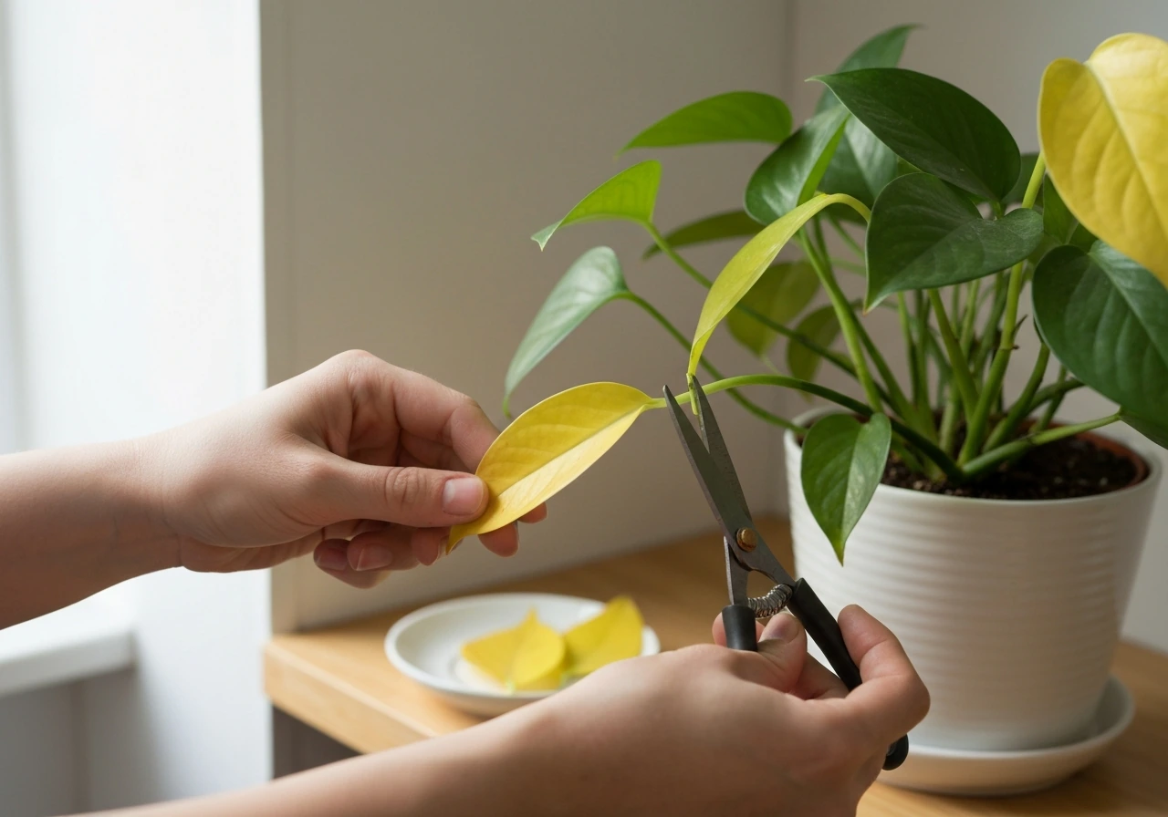 Hands pruning a potted plant, removing yellow leaves and checking leaf undersides for pests.