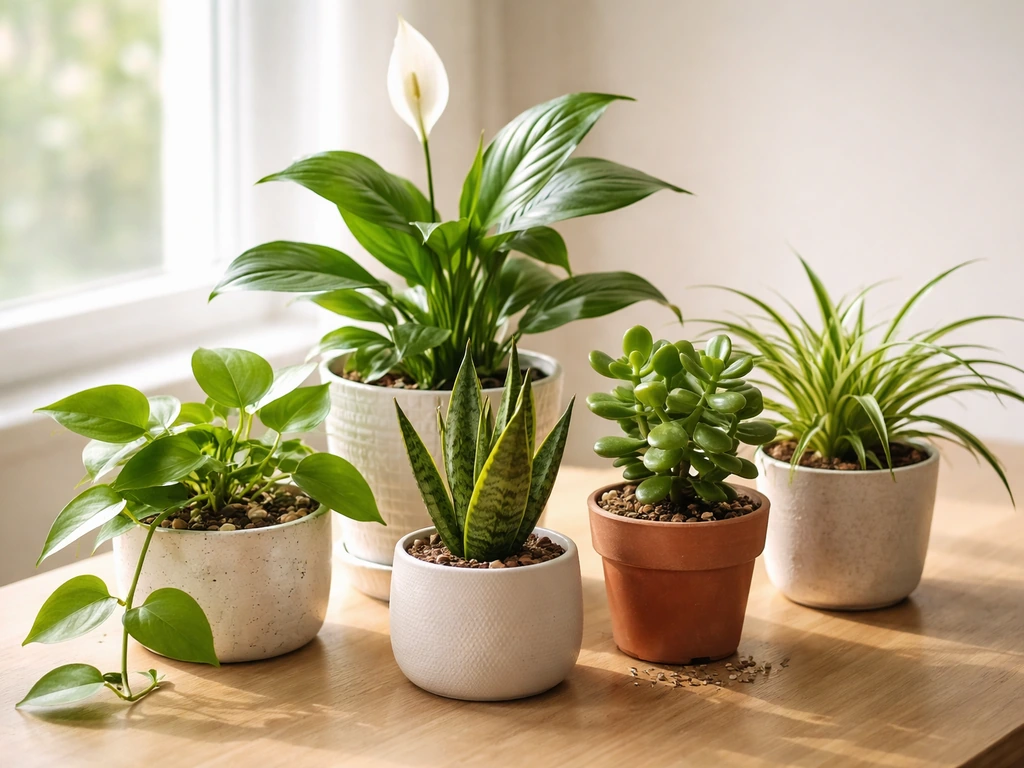 Five easy indoor plants in small pots with varied leaf textures on a simple sunlit surface.