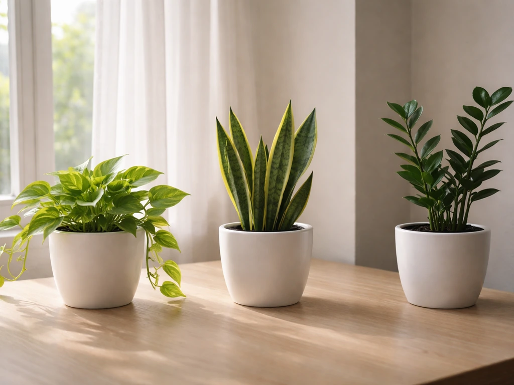 Three potted houseplants on a windowsill and nearby table showing different light levels