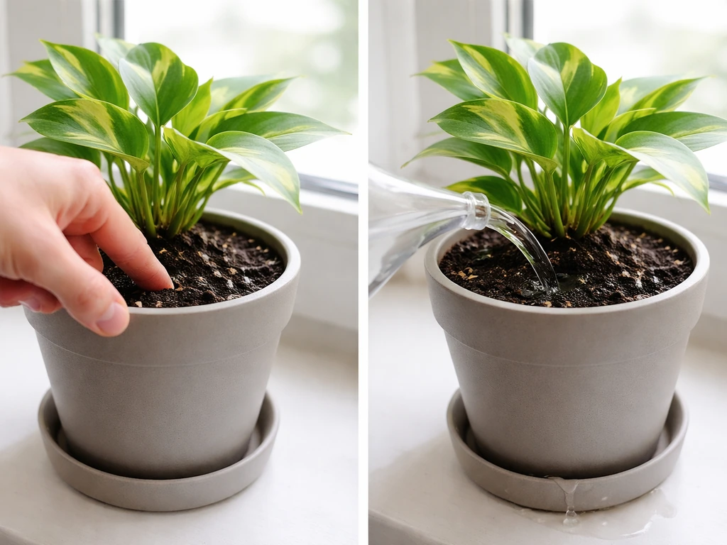 Hand checks the soil’s top inch for dryness, then waters a potted plant thoroughly on a windowsill.