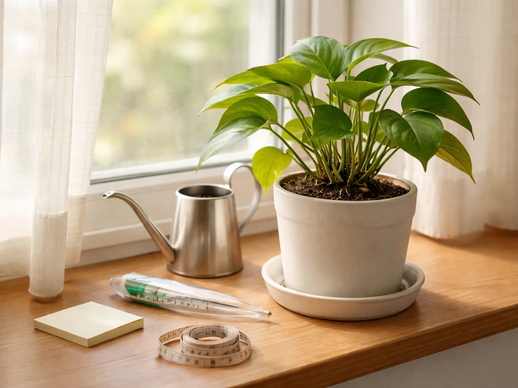Single potted houseplant on a sunny windowsill with watering supplies for gentle first-month monitoring.