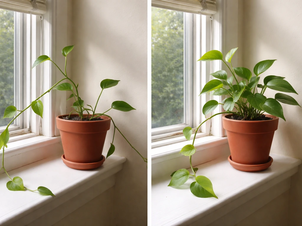 Leggy pothos stretching toward a window on a bright windowsill, repositioned closer to light.