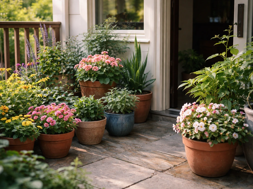 Thriving potted ornamental flowering plants on a sunny patio in a mixed indoor/outdoor home setup.