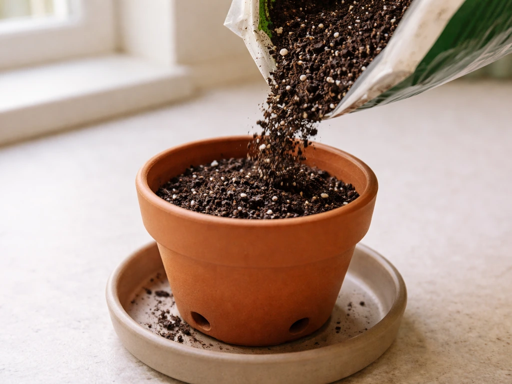 Terracotta pot with drainage holes next to potting mix with perlite being poured in, ready for planting.