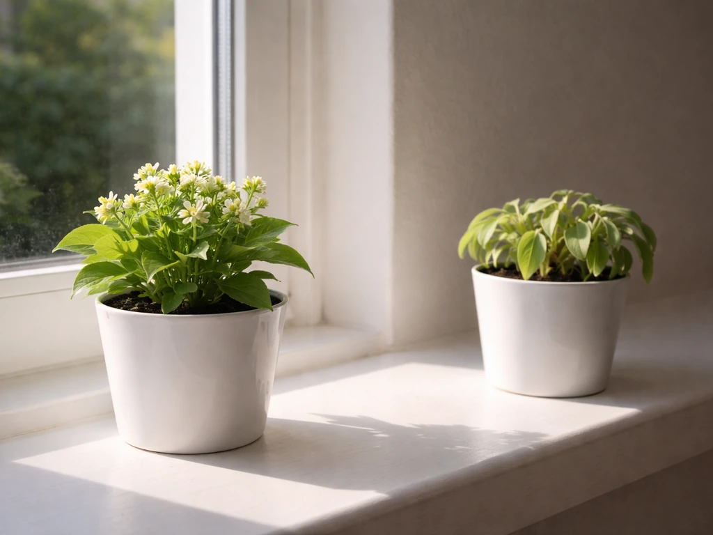 Potted flowering plant in bright sun by a window next to a shaded pot with wilted leaves.