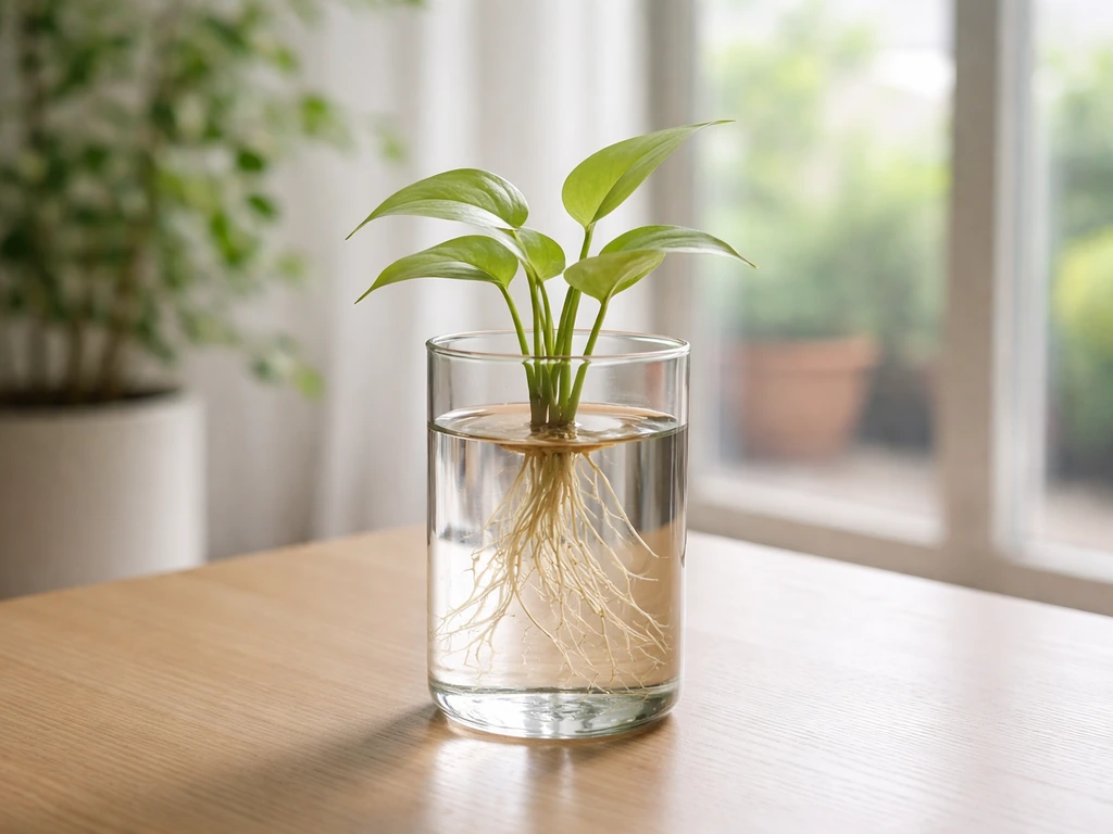 Ornamental plant with visible roots in a clear hydroponic water reservoir, on a small tabletop.