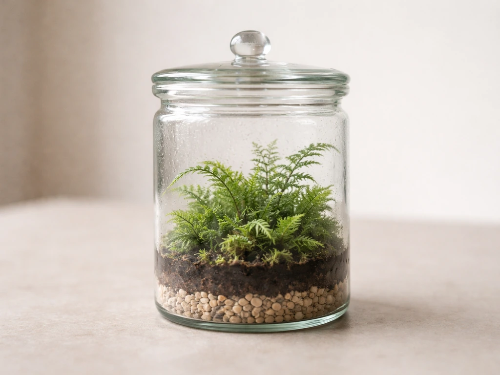 Small lidded glass terrarium with visible gravel/LECA drainage layer and mossy fern-type plants.