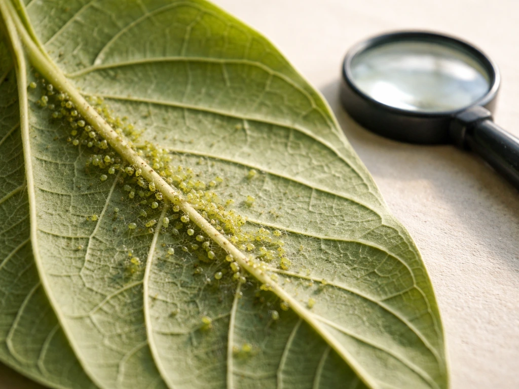 Close-up of a leaf underside with visible aphids and faint webbing, inspected with a magnifier.