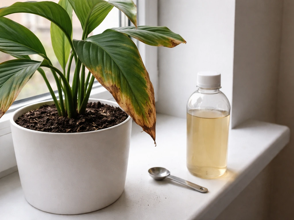 Potted plant leaf with brown edges beside an unbranded fertilizer bottle on a windowsill.