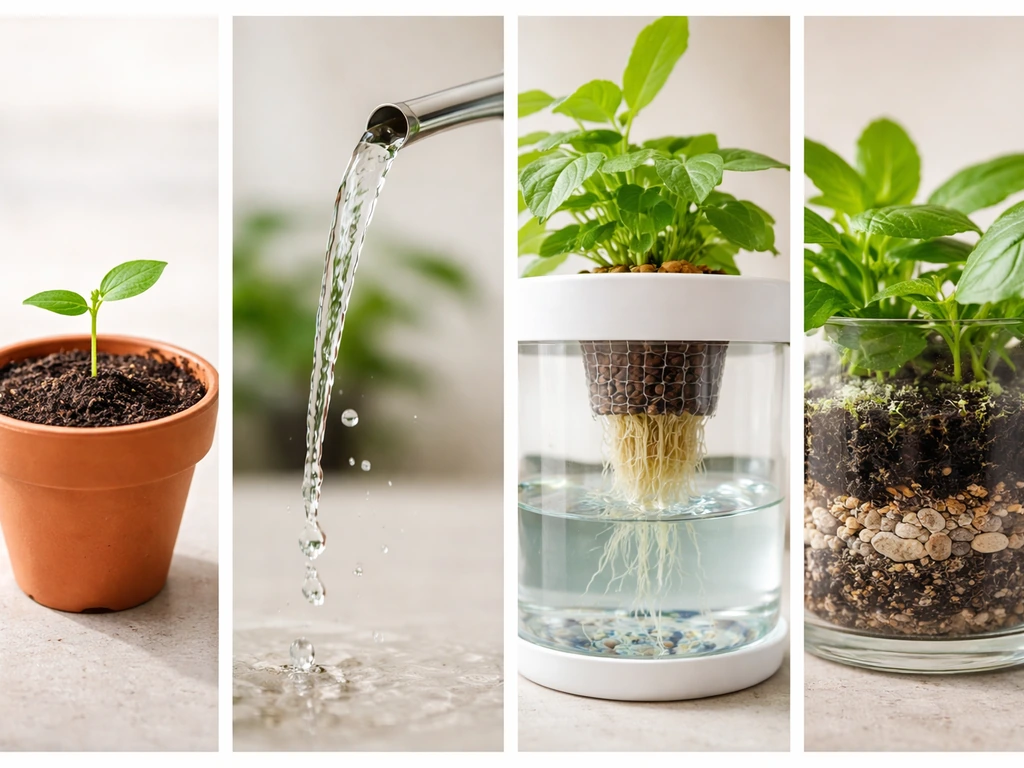 Four plant-growing mediums side-by-side: soil pot, watering emphasis, small hydroponics, layered terrarium.