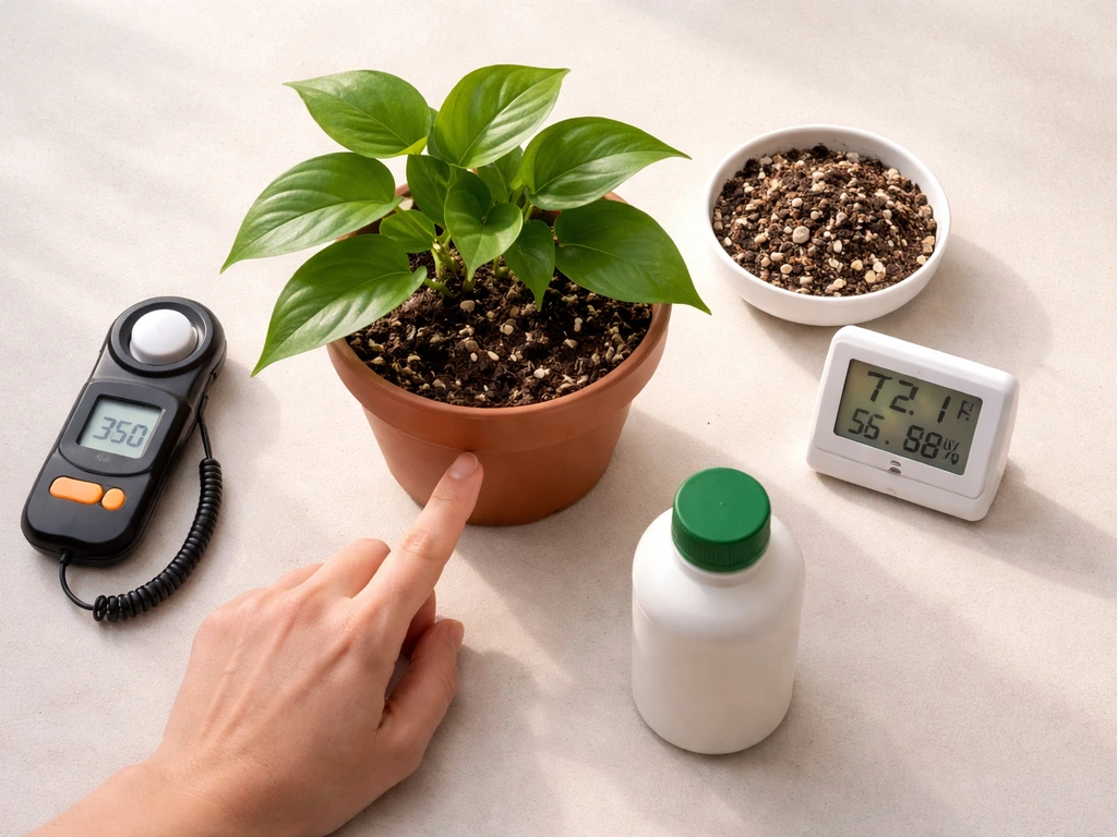 Minimal flat-lay of a potted plant with a light meter, watering check, soil, thermometer, and fertilizer items