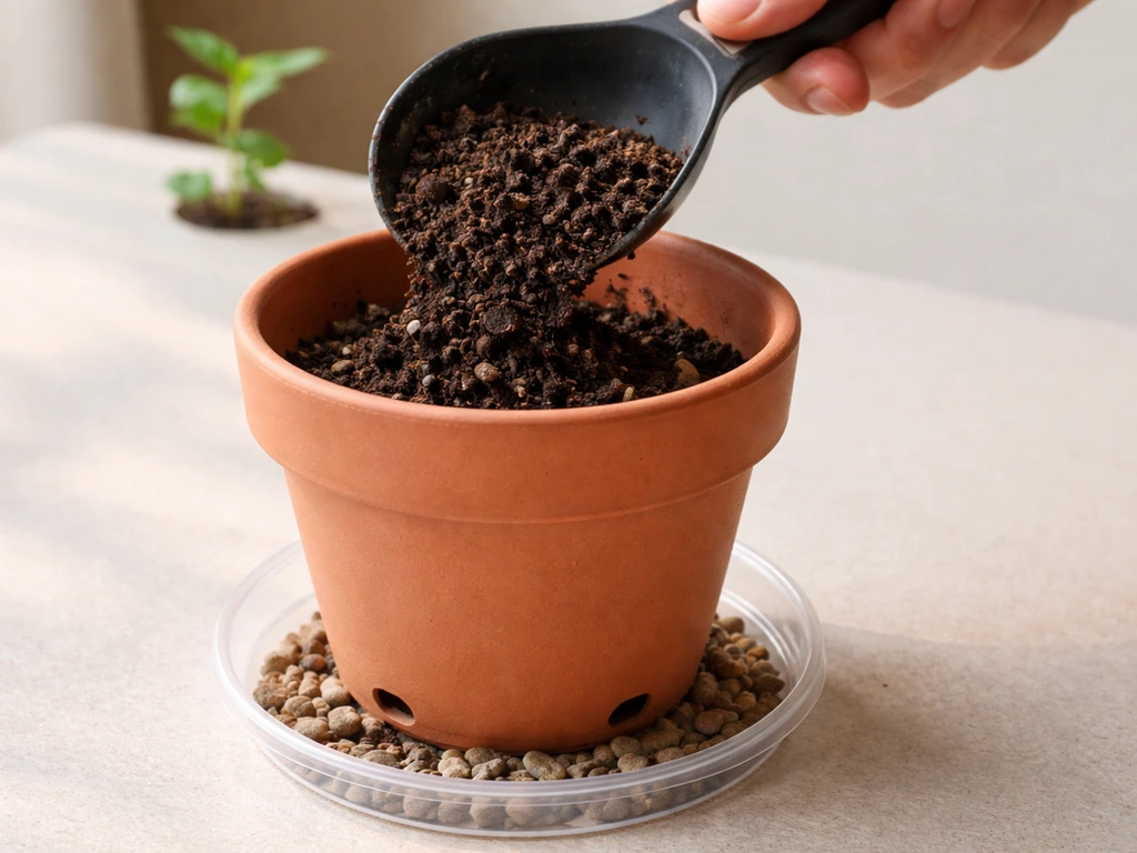 Close-up of a potted container with drainage holes, saucer, drainage layer, and potting mix ready for planting.