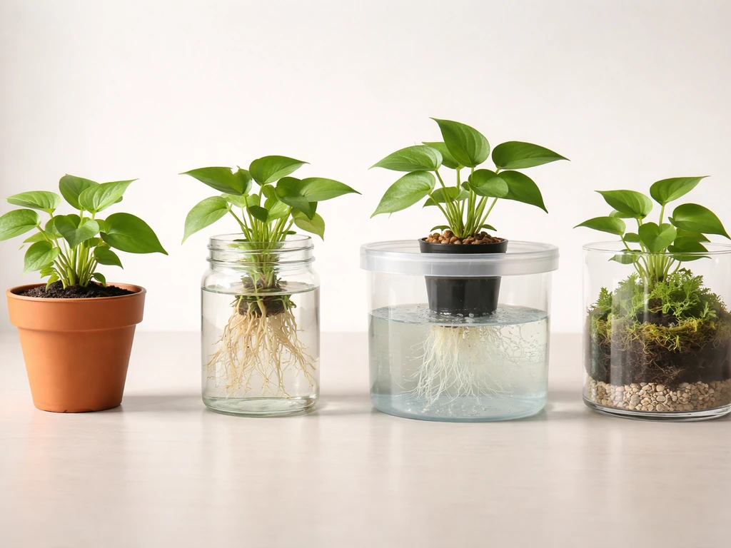 Four side-by-side plant setups showing roots in soil, water jar, hydro DWC, and a layered terrarium.