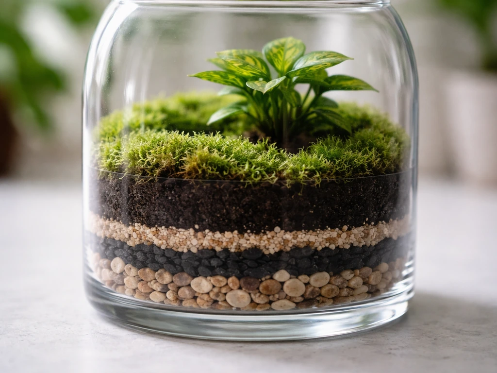 Layered terrarium in a glass container with drainage rocks, charcoal/soil, and fresh green moss.