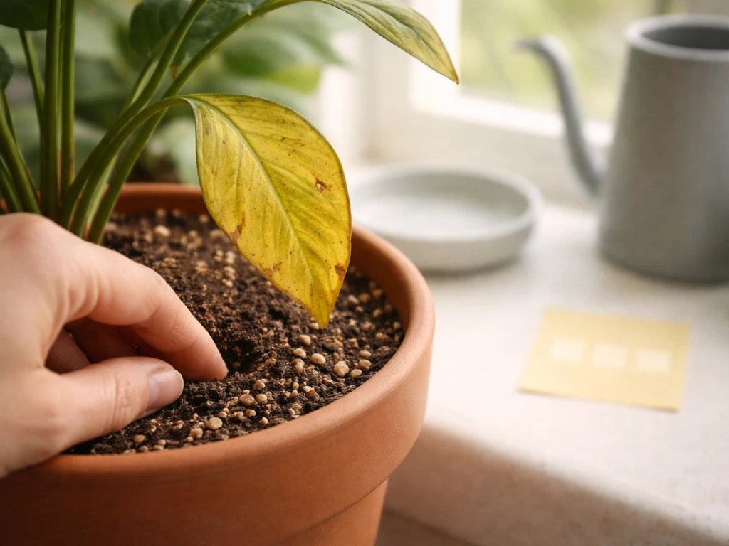 Close-up yellow houseplant leaf; hand checks pot soil moisture beside a blank cue card with dots.