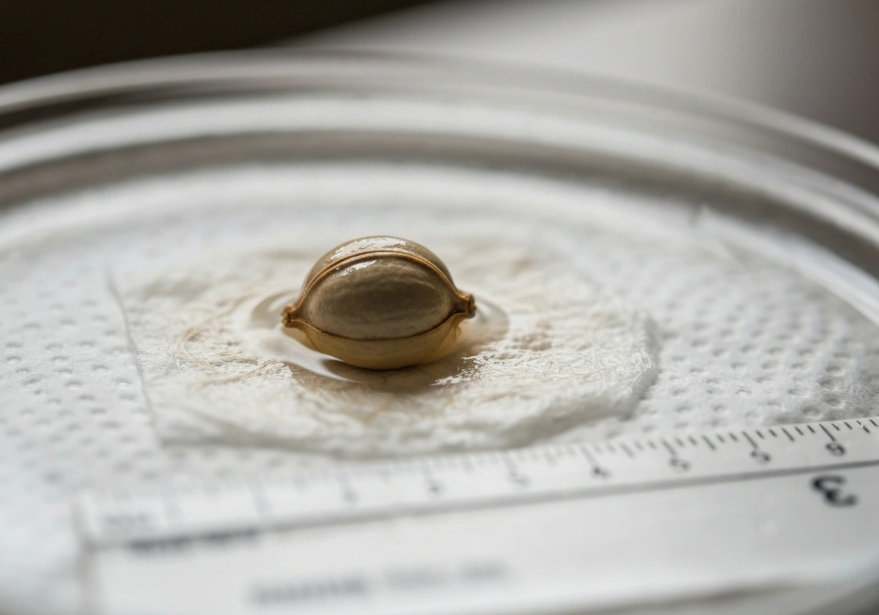 Macro close-up of a dry seed starting to swell in moist medium beside a small ruler reference.